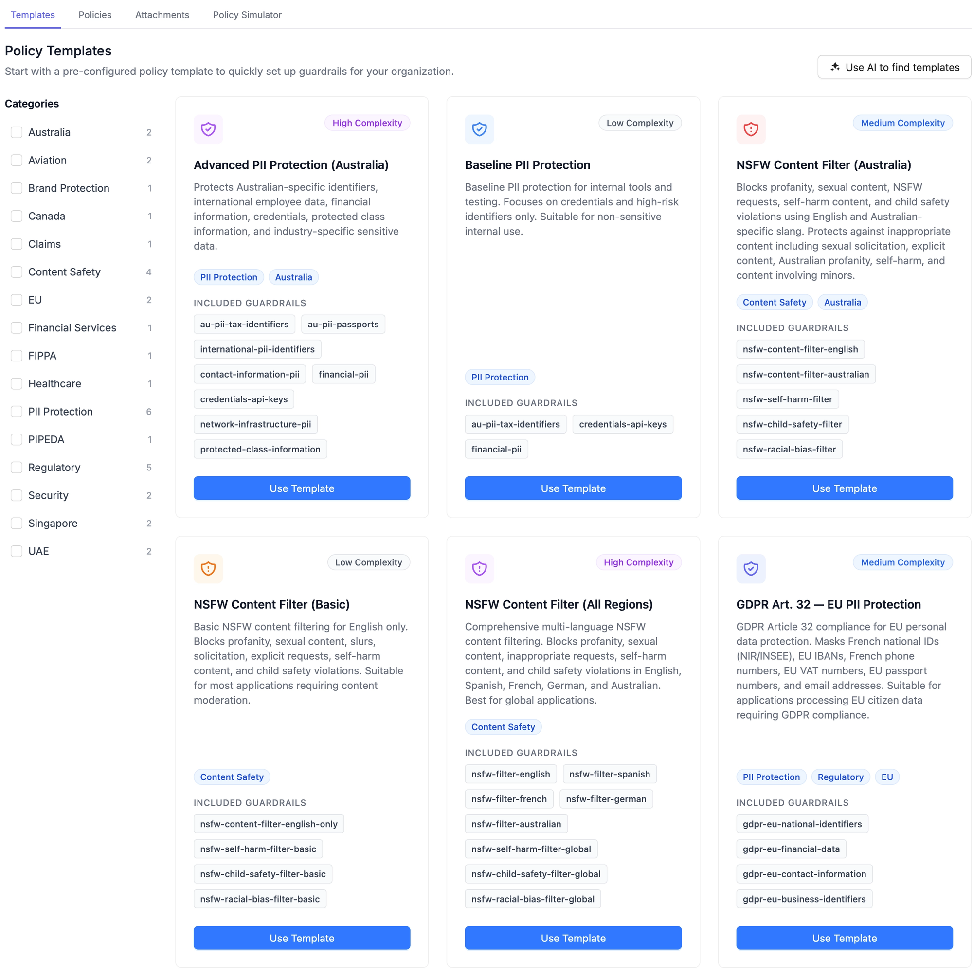 Policy templates page
