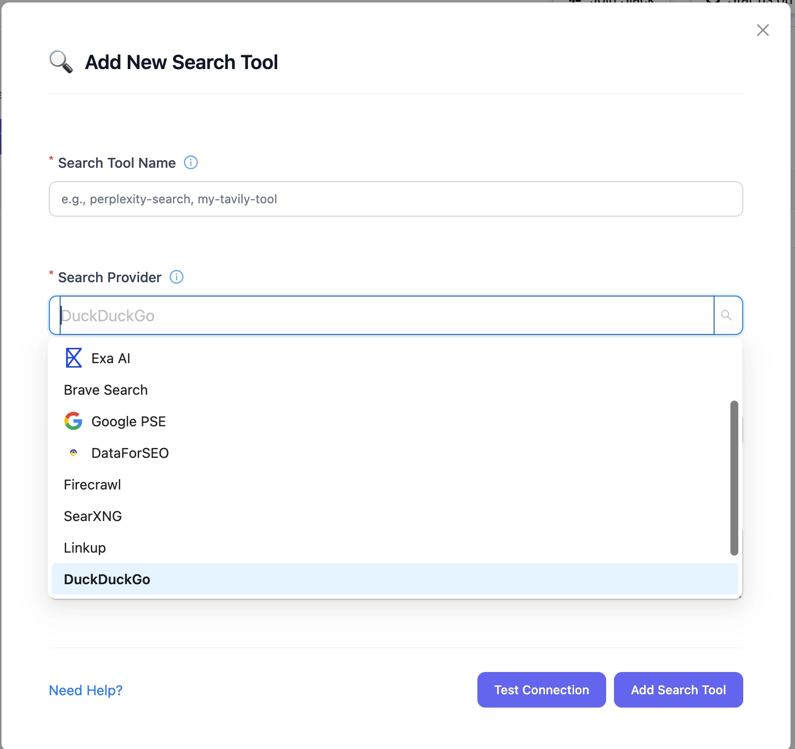Search provider configuration page