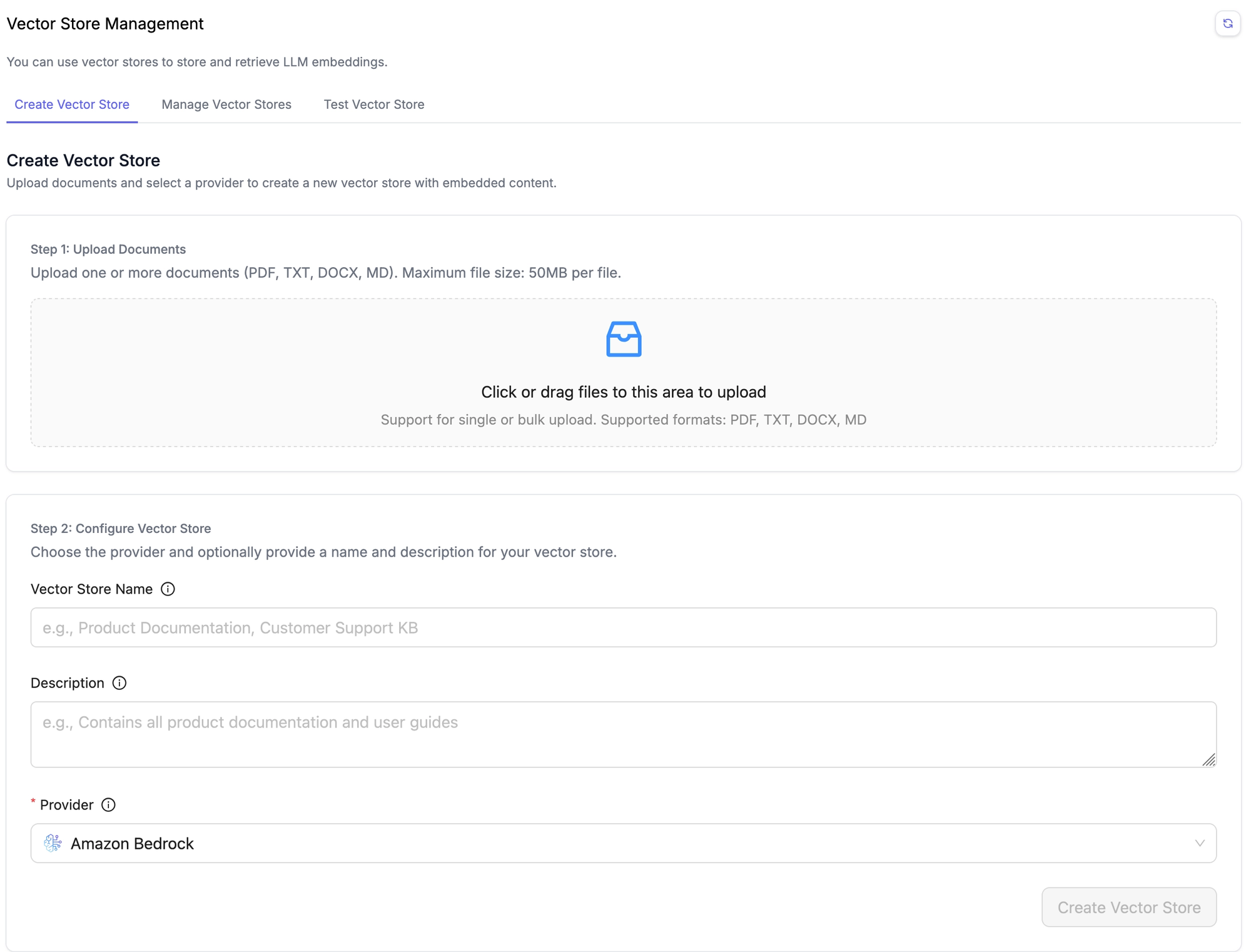 Vector stores configuration page