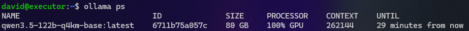 Output from running ollama ps showing the model running on the GPU