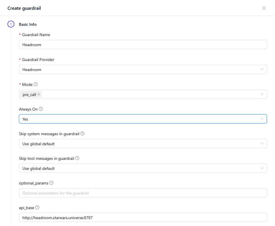 Form to add guardrail to LiteLLM with settings for Headroom